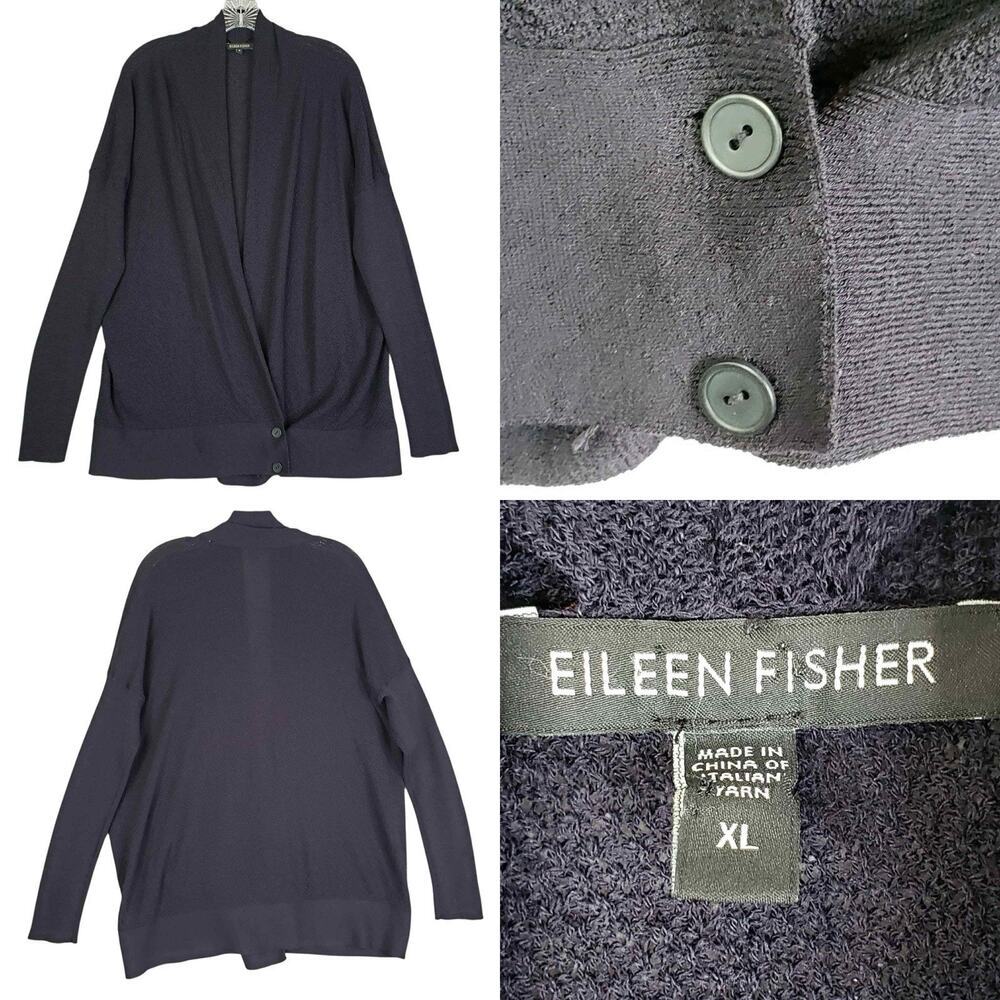 Eileen Fisher Cardigan Womens Size XL Black Long Sleeve Wool Faux Wrap